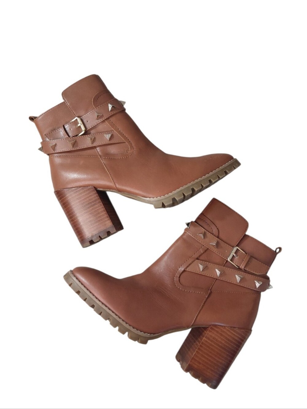 Steven Ibby Congac Buckle Strap Studded Block Heel Lug Sole Ankle Boots Size 9
